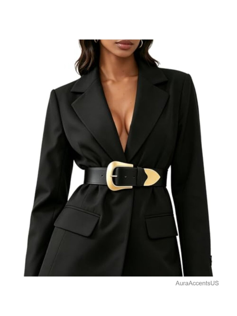 Women's Elastic Waist Belt with Gold Buckle, Retro Leather Belt for Dresses and